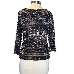 Coldwater Creek Women's XS 4 Blouse Brown 3/4 Sleeve Round Neck Layered Stripes